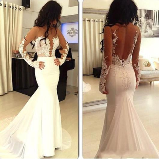 Sexy Mermaid Prom Dresses,Hot Sale Open Back Wedding Dress,Long Sleeve Formal Dress N60