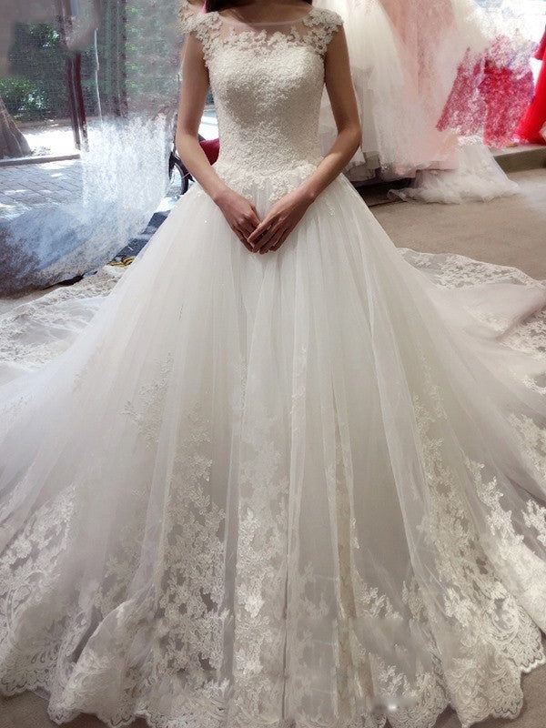 2024 Elegant A Line Tulle With Appliques Wedding Dresses With Long Train