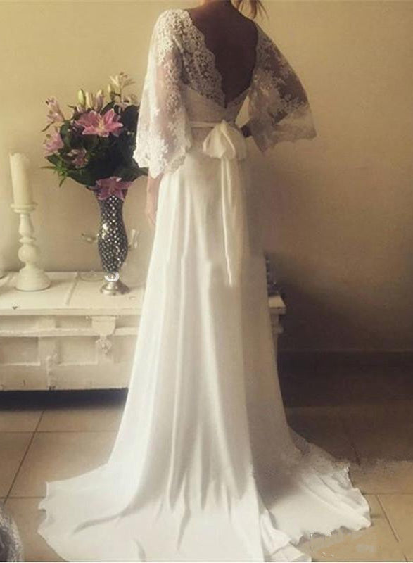 2024 Cheap A Line V Neck Lace Sleeves Back Bowknot Wedding Dresses