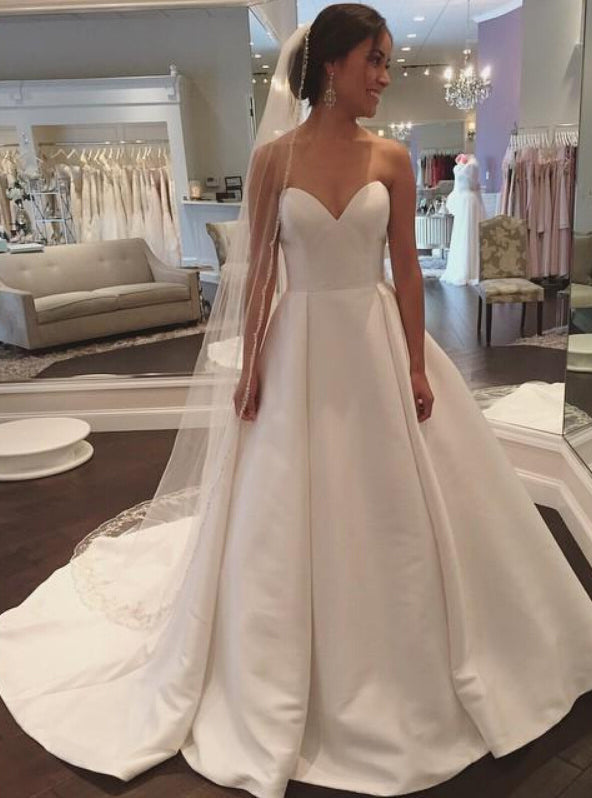 2024 Simple A Line Sweetheart Satin Plain Wedding Dresses