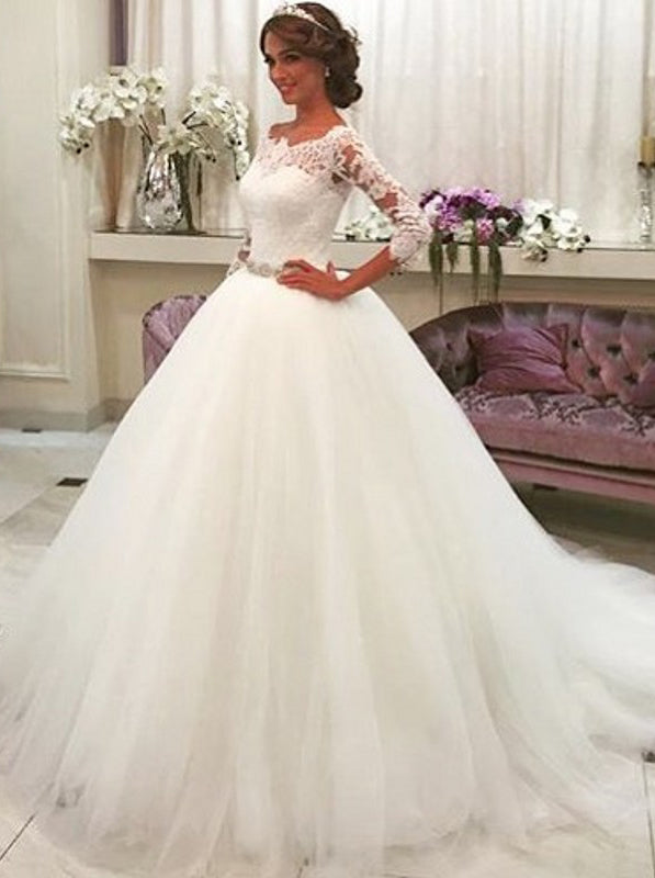 Princess Off The Shoulder Sleeves Tulle With Lace Ball Gown Wedding Dresses