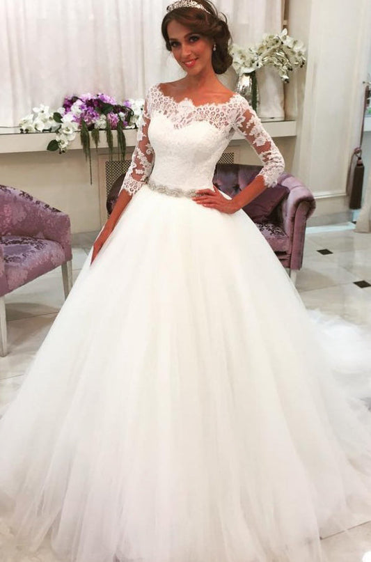 Princess Off The Shoulder Sleeves Tulle With Lace Ball Gown Wedding Dresses