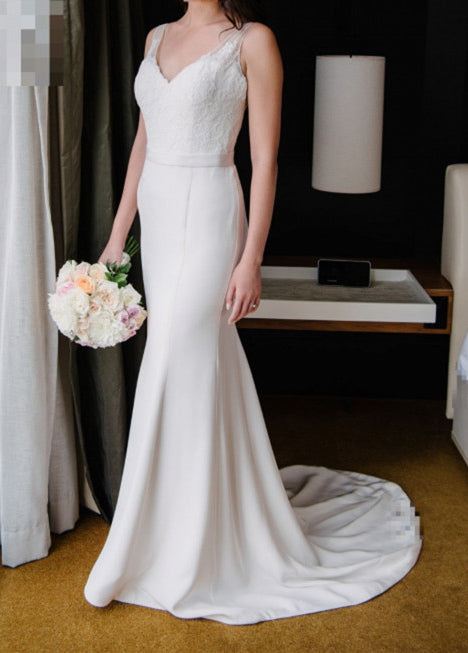 Elegant Sheath Satin V Neck Wedding Dresses With Belt