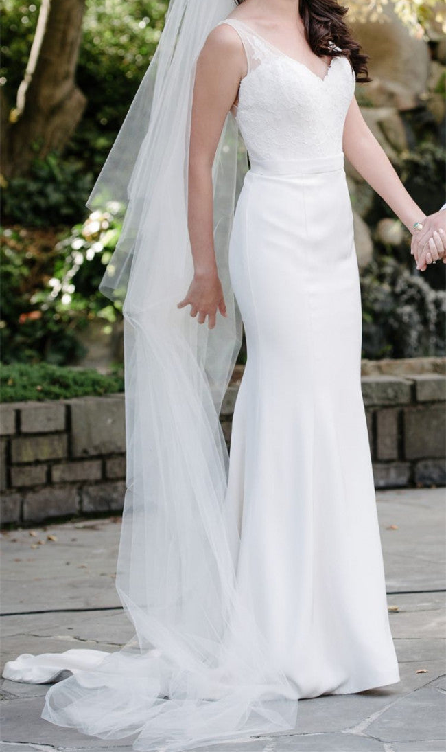 Elegant Sheath Satin V Neck Wedding Dresses With Belt