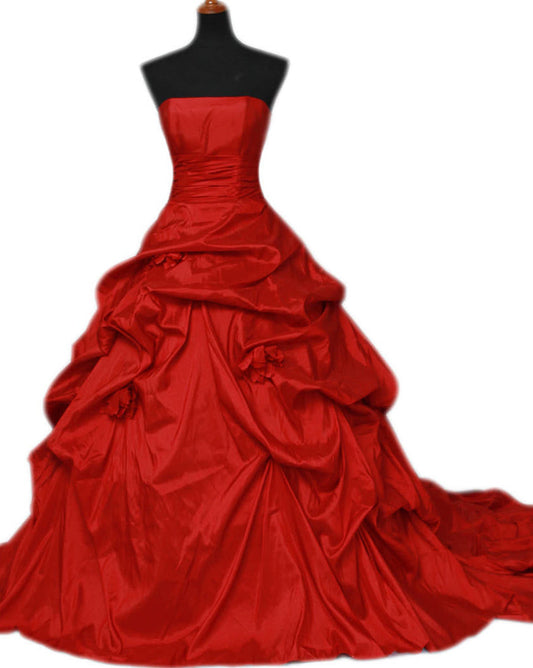 Red Strapless Taffeta Ruffles Ball Gown 2024 Wedding Dresses