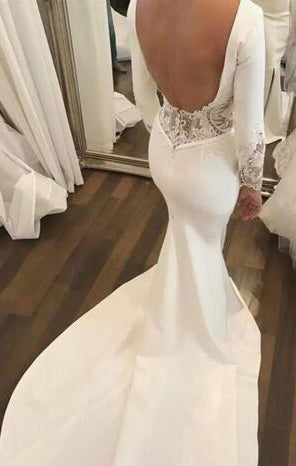 Elegant Scoop Satin Long Sleeves 2024 Backless Wedding Dresses