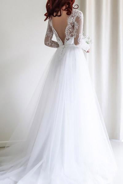 Cheap A Line Tulle Backless Long Sleeves 2024 Wedding Dresses