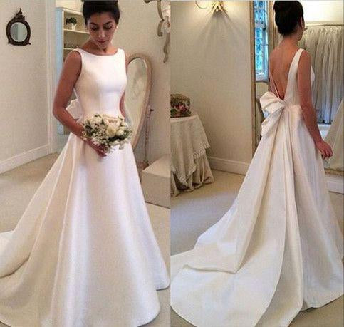 Classic Satin A Line Backless Wedding Dress,Long Backless Wedding Dresses with Bowknot N27