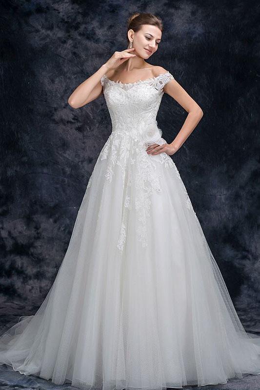 A Line Off the Shoulder Tulle Wedding Dress with Lace Appliques, Long Bridal Dresses N2293