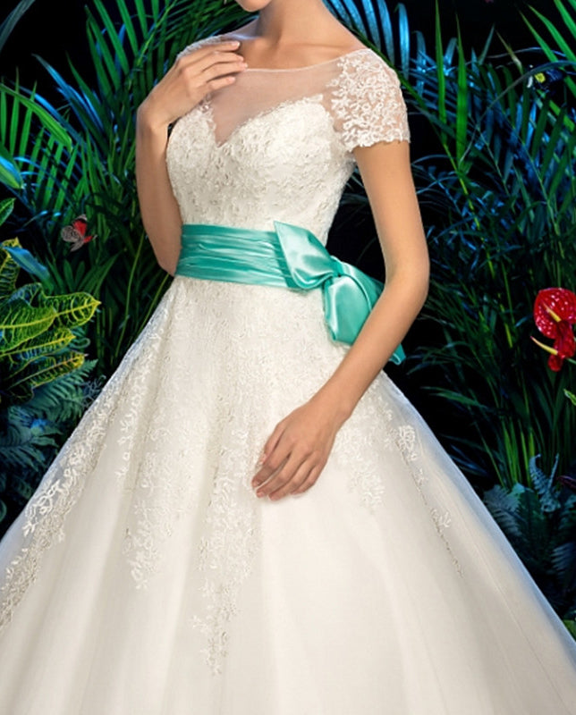 Classic A Line Capped Sleeves Tulle 2024 Wedding Dresses With Blue Belt