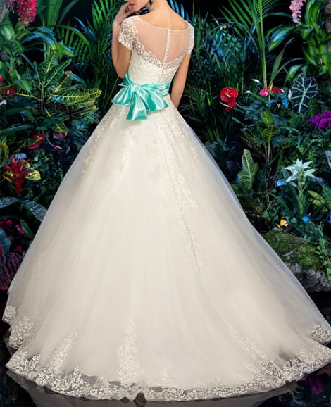 Classic A Line Capped Sleeves Tulle 2024 Wedding Dresses With Blue Belt