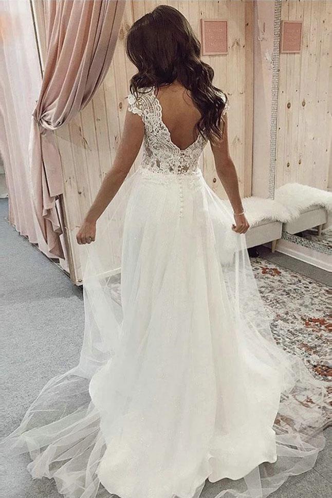 A Line V Neck Tulle Beach Wedding Dress with Lace, Ivory Lace Top Long Bridal Dresses N2361