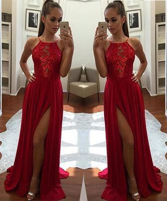 Sexy Unique Red A-Line Halter Split-Front Formal Dress Chiffon Sleeveless Long Prom Dresses