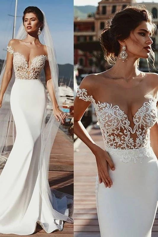 Mermaid Short Sleeves Sheer Neck Long Wedding Dress, Long Lace Appliques Bridal Dress N2241